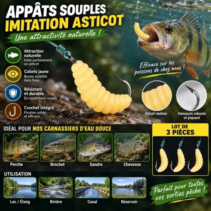 Appâts imitation asticot avec hameçon – Lot de 3
