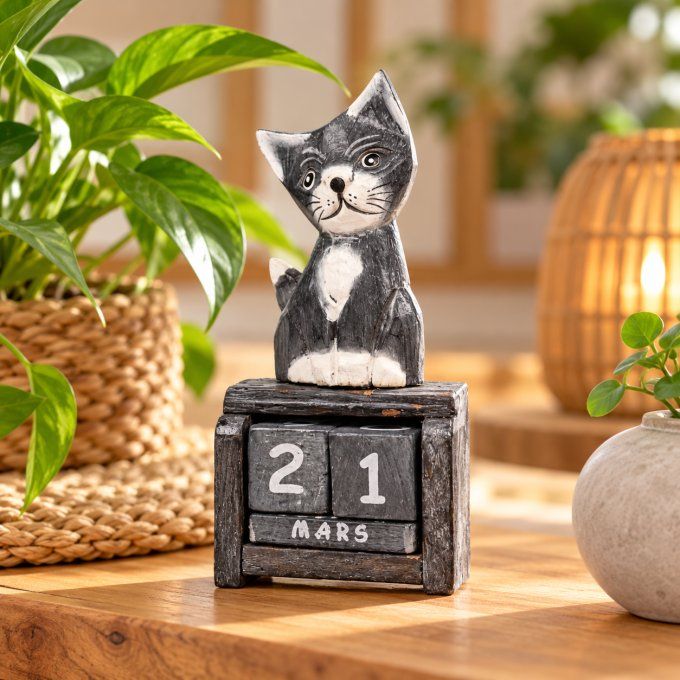 Calendrier en bois - Chat noir 13x7 cm