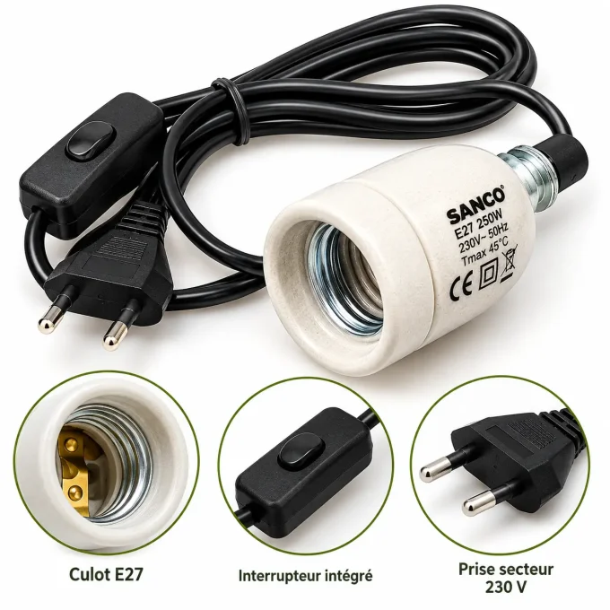 Douille Céramique 250W pour Terrarium – Câble avec Interrupteur