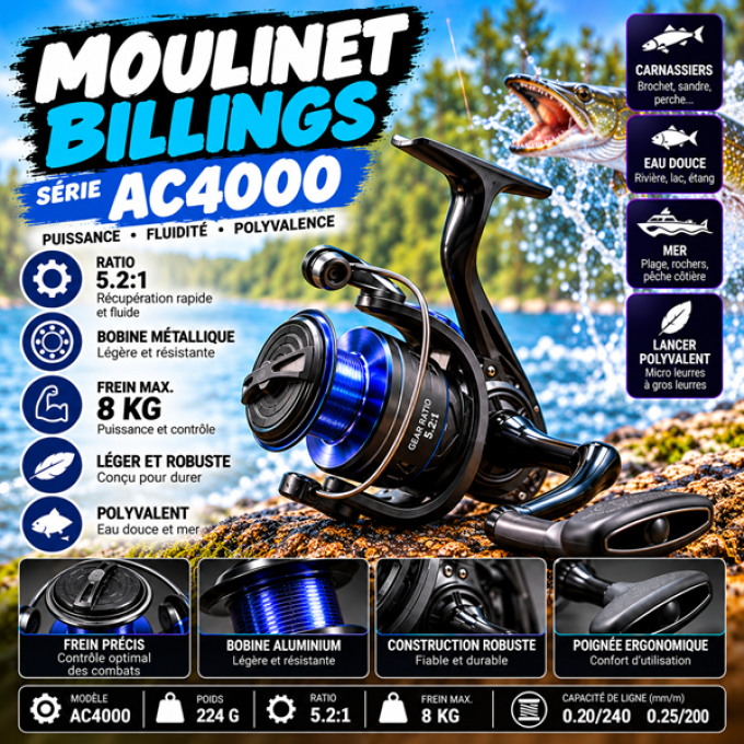Moulinet Spinning AC4000 – Frein 8 kg – Léger & Polyvalent