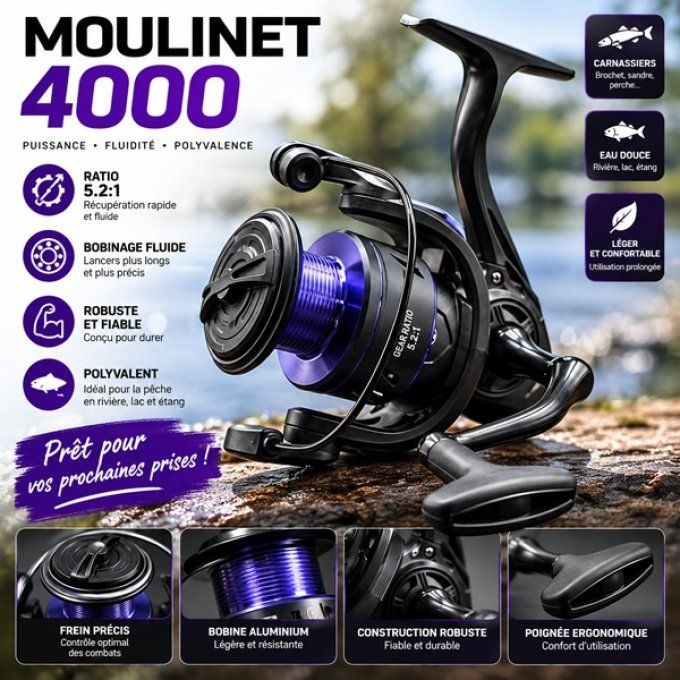 Moulinet Spinning HS4000 – Frein 8 kg – Léger & Polyvalent